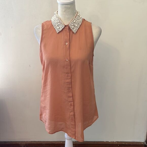 dizzy lizzy apricot sleeveless blouse with faux pearl collar Size S - Picture 2 of 10